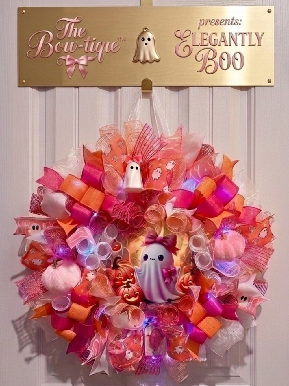 Handmade Lighted Pink Pastel Ghost Halloween Wreath (22") “Elegantly Boo”